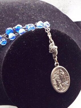 ANTIQUE ST. BERNADETTE ITALY COBALT BLUE CRYSTALS POCKET ROSARY 21